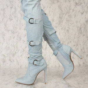 Light Denim Thigh High Buckles Pointy Boots